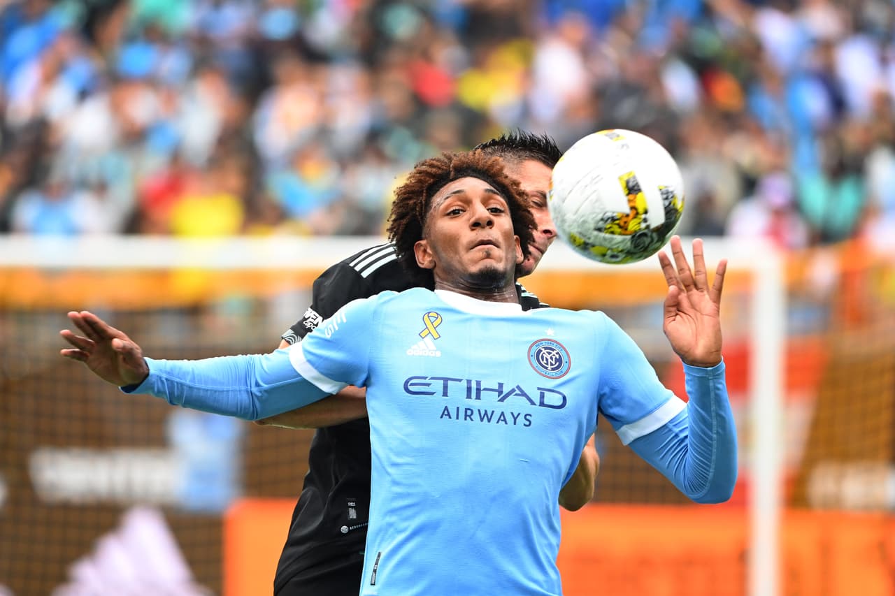Sep 10, 2022; Charlotte, North Carolina, USA; New York City forward Talles Magno (43) with the ball as Charlotte FC midfielder Brandt Bronico (13) defends in the first half at Bank of America Stadium. Mandatory Credit: Bob Donnan-USA TODAY Sports