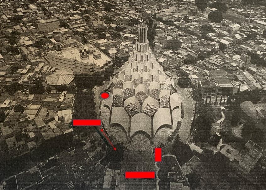 Desde la cárcel 
<a href="https://www.univision.com/noticias/criminalidad/el-es-un-monstruo-alondra-ocampo-la-mujer-que-dice-que-recluto-ninas-para-el-lider-de-la-luz-del-mundo">Alondra Ocampo</a>, quien es considerada la principal cómplice de Naasón en Los Ángeles, marcó esta foto aérea del templo mayor de Guadalajara a solicitud de Univision donde, según ella, están ubicados los túneles. Los trayectos que ella indicó fueron remarcados con rojo por este medio.