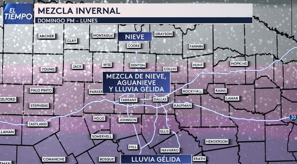 La noche del domingo y mañana del lunes este podría ser el panorama. Nieve al norte, el Metroplex de DFW con mezcla de nieve, aguanieve y lluvia gélida. El sur con lluvia gélida solamente.