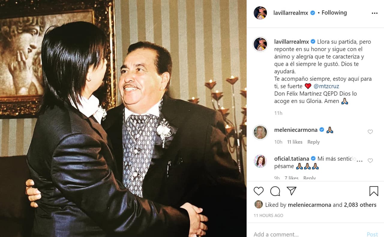 La noche del 14 de julio, 
<b><a href="https://www.univision.com/famosos/alicia-villarreal-tiene-un-gran-corazon-e-invito-a-cuatro-ninos-a-comer-tras-ser-discriminados-en-un-restaurante-video" target="_blank">Alicia Villarreal</a></b> informó a través de Instagram el 
<b><a href="https://www.univision.com/famosos/alicia-villarreal-consuela-a-su-esposo-cruz-martinez-su-padre-murio-de-covid-19-y-no-pudo-despedirse-de-el-fotos" target="_blank">fallecimiento de don Félix Martínez</a></b>, papá de su esposo Cruz Martínez. Un día después se supo que la muerte de su suegro fue a consecuencia del covid-19.
<br>