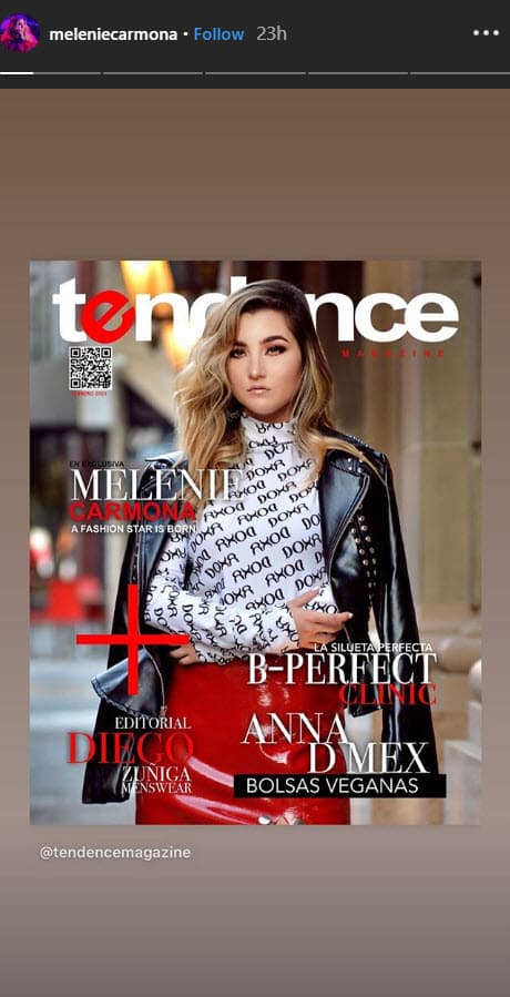 A sus 20 años,
<b><a href="https://www.univision.com/famosos/alicia-villarreal-revela-que-desea-que-su-hija-melanie-carmona-la-interprete-en-su-bioserie-fotos">Melenie Carmona Villarreal debutó como modelo</a></b> profesional en una revista de moda en México.
<br>