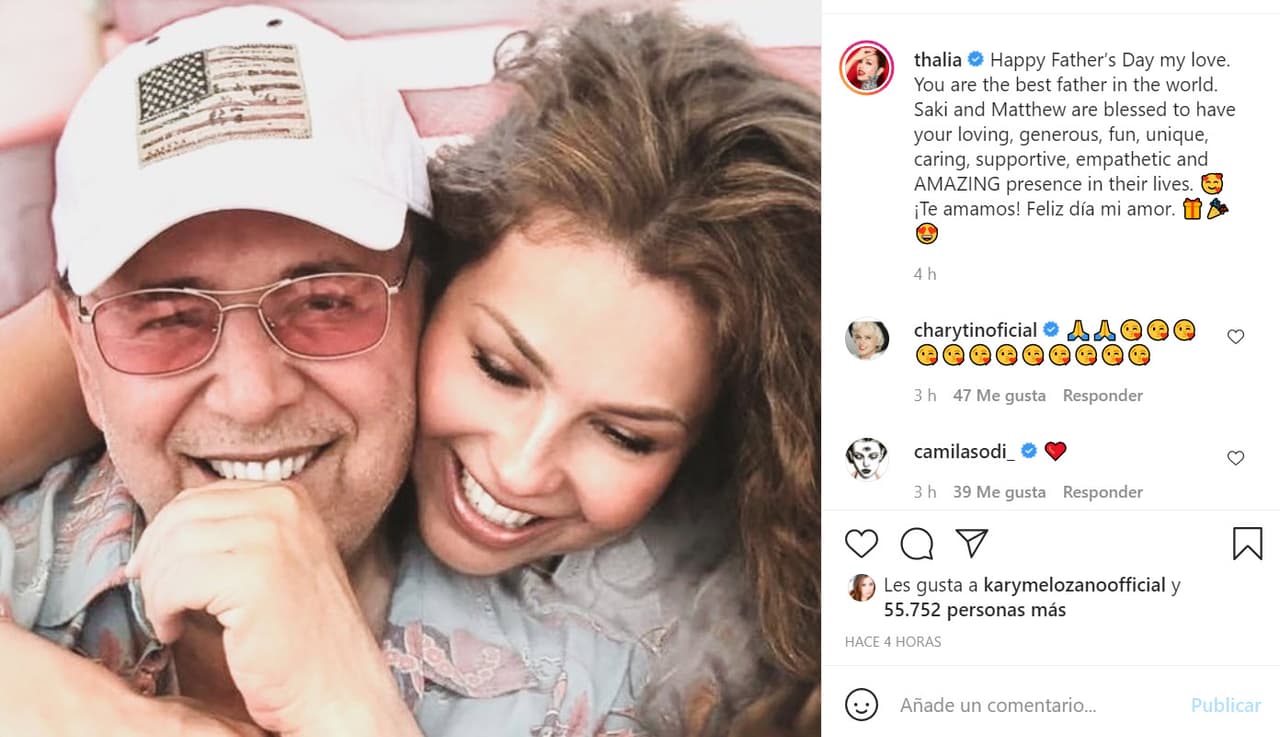 <b>Thalía</b> también dedicó un momento para felicitar a 
<b>Tommy Mottola</b>, padre de sus dos hijos: "Feliz Día del Padre, mi amor. 
<b><a href="https://www.instagram.com/p/CQWIleehK4U/" target="_blank">Eres el mejor padre del mundo</a></b>. Saki y Matthew tienen la suerte de contar con tu presencia amorosa, generosa, divertida, única, solidaria, empática e increíble en sus vidas. ¡Te amamos! Feliz día mi amor".