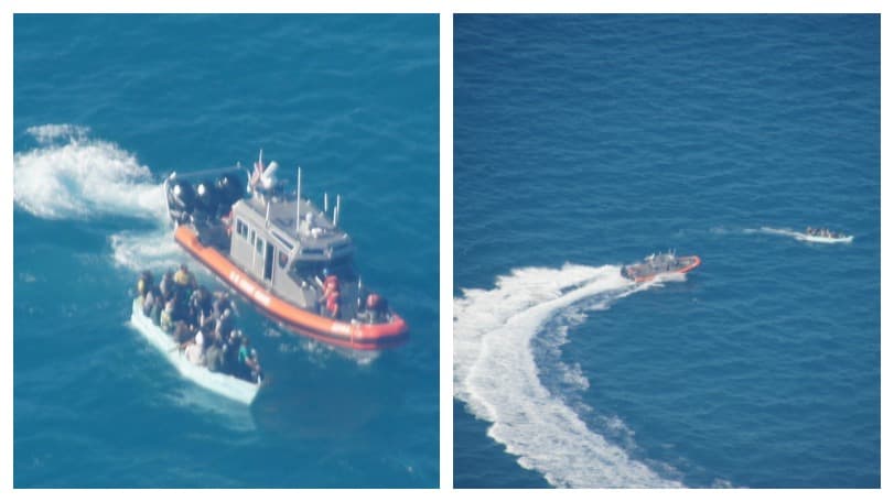 Un bote de la estación de la Guardia Costera de Key West se acerca a un buque rústico el 10 de noviembre con 18 inmigrantes cubanos a bordo de aproximadamente una milla al sureste de Marquesas, Florida.