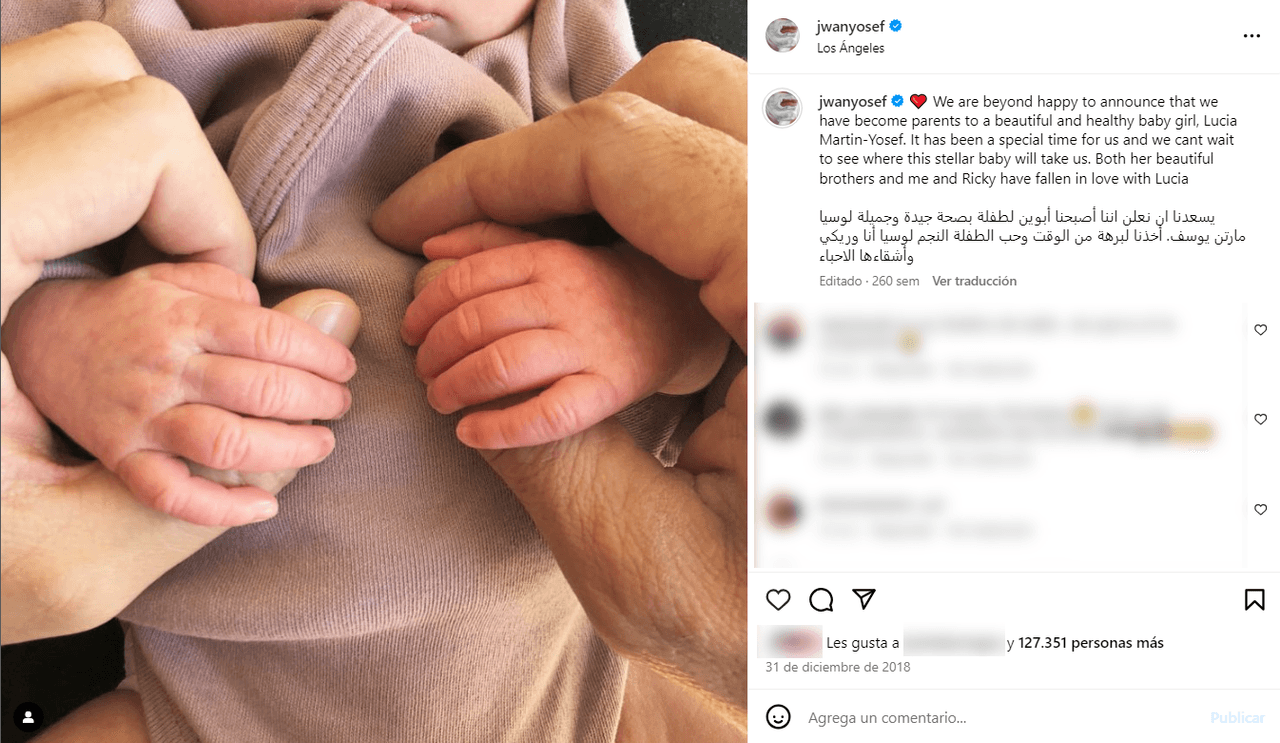 Ricky Martin y Jwan Yosef presentaron a su hija Lucía el 31 de diciembre de 2018.
