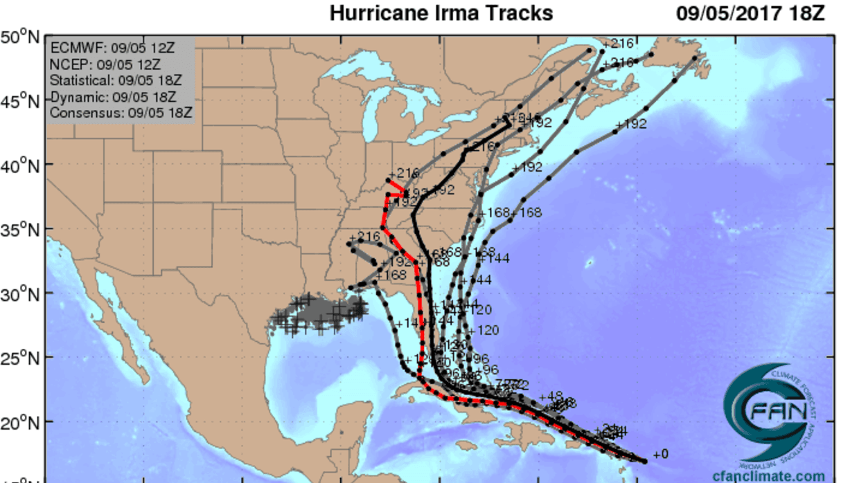 Los meteorólogos llaman "espaguetis" a las posibles trayectorias previstas por los modelos estadísticos calculados en computadoras.