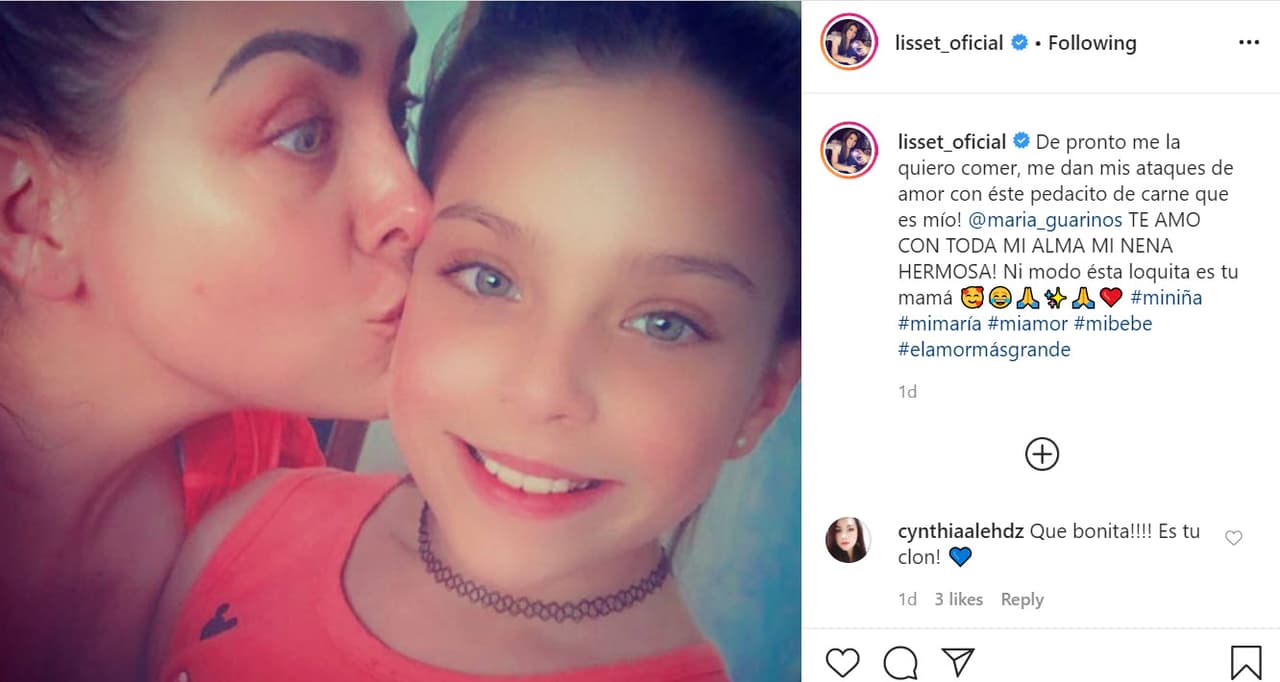 Junto con 
<b><a href="https://www.instagram.com/p/B_bsxKDJ4ad/" target="_blank">esta imagen</a></b>, escribió: "De pronto 
<b>me la quiero comer</b>, ¡me dan mis ataques de amor con este pedacito de carne que es mío! ¡Te amo con toda mi alma, mi nena hermosa! Ni modo, esta loquita es tu mamá". 
<br>