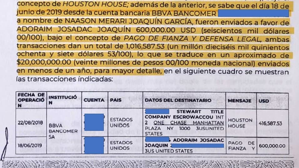 Informe del gobierno de México sobre una transferencia de $600,000 para la defensa legal de Naasón Joaquín.