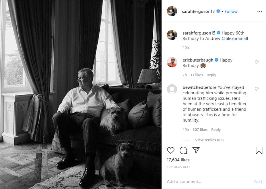 Por su parte, 
<b>Sarah Ferguson</b> también lo felicitó con un breve mensaje: "Feliz cumpleaños 60 a Andrés". 
<br>