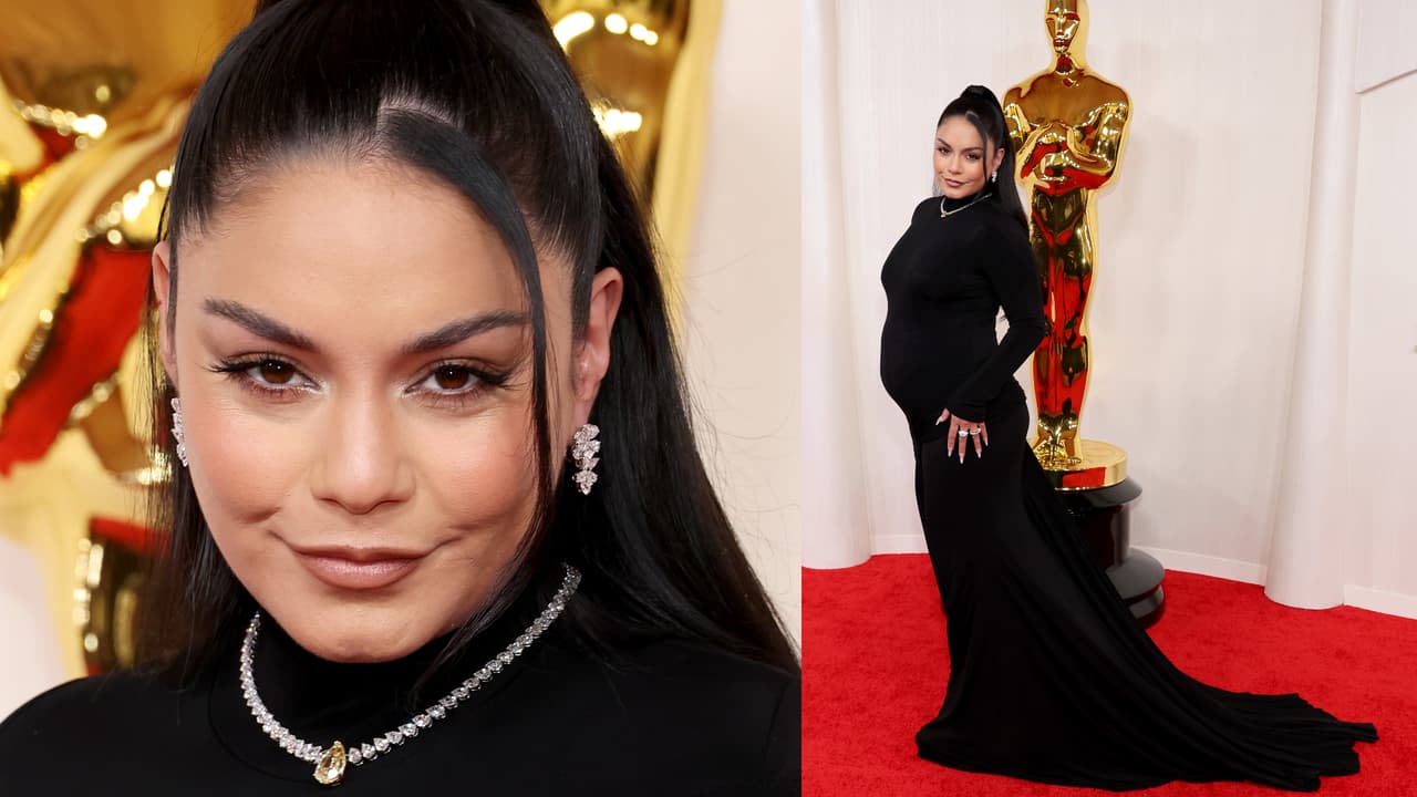 La actriz y cantante Vanessa Hudgens lució así su embarazo en la alfombra roja. Su vestido es Vera Wang y las joyas Chopard.