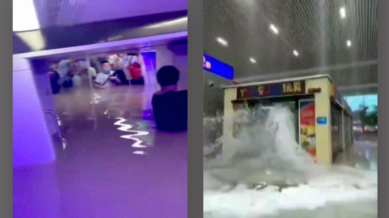 Los videos tomados por los propios pasajeros del metro y que fueron difundidas en las redes sociales chinas muestran a las personas con el agua hasta el cuello en un vagón, aferrados a las asas. Estas imágenes muestran el agua dentro de uno de los vagones del metro (izquierda), y el momento en que una masa de agua entra violentamente a una estación del metro en Zhengzhou (derecha).