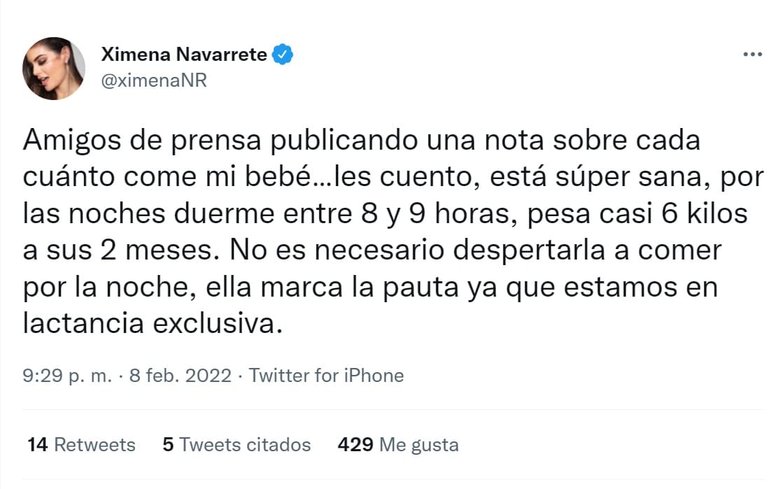 "
<b>No es necesario despertarla a comer</b> por la noche, ella marca la pauta ya que estamos en lactancia exclusiva", reiteró en un mensaje más.
<br>