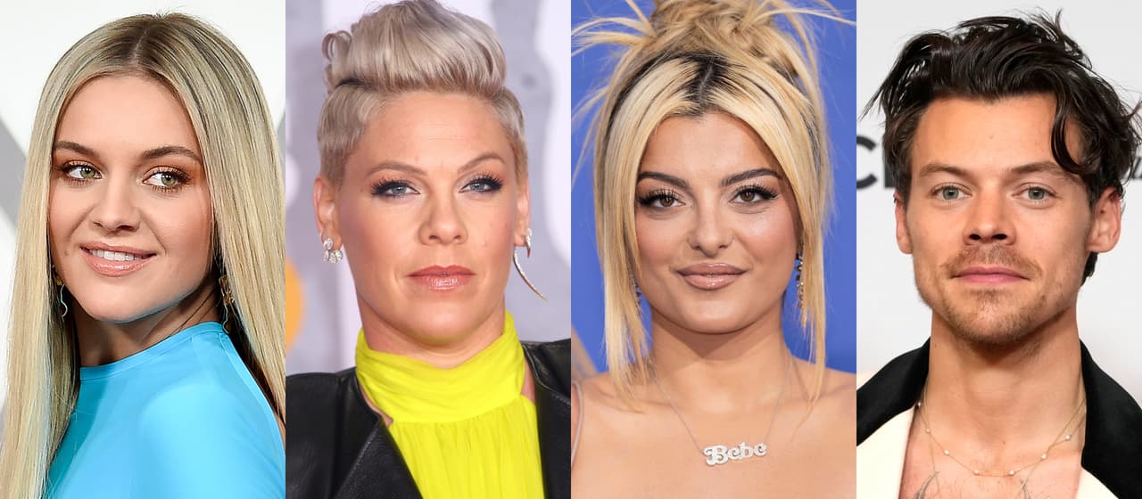 Esta combinación de fotos muestra a los músicos, de izquierda a derecha, Kelsea Ballerini, Pink, Bebe Rexha y Harry Styles en distintos eventos.