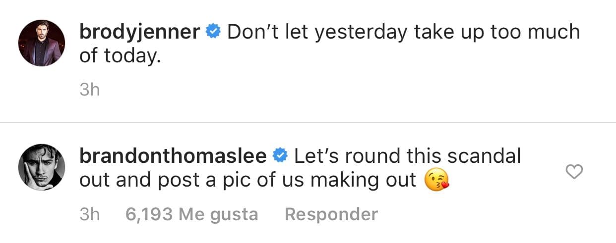 Su compañero del programa 
<b><a href="http://www.mtv.com/shows/the-hills-new-beginnings" target="_blank">'The Hills: New Beginings'</a></b>, Brandon Thomas Lee, le respondió: "Acabemos con este escándalo y 
<b>publiquemos una foto de nosotros besándonos</b>", refiriéndose a las fotos de su exesposa besándose con Miley Cyrus.