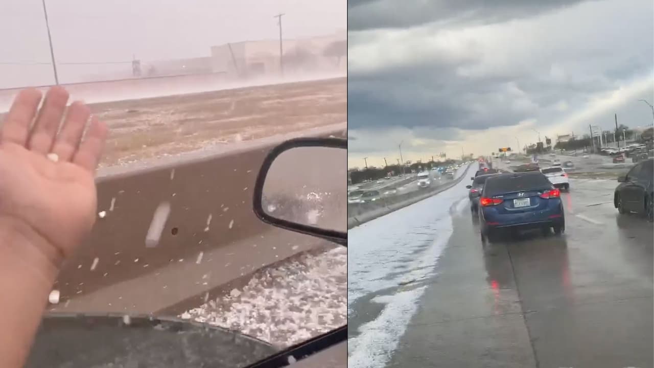 En plena hora de tráfico, automovilistas enfrentaron granizo y fuertes lluvias. Estas fotografías son en 
<b>Royse City</b> en la autopista interestatal 30W.