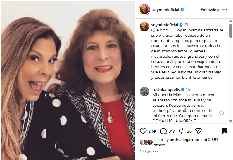 Mimi, de Flans, anunció la muerte de su madre, la cantante Lucha Moreno.