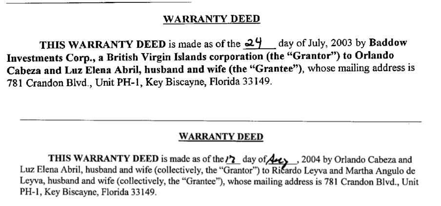 Facsímiles de las escrituras de compra y venta de un penthouse en Key Biscayne.
<br>