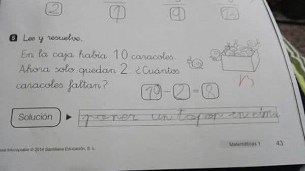 <b>La solución al problema de los caracoles</b>
<br>"Poner un toper encima" de la caja para que no se escapen. Encantadora la respuesta de este niño.