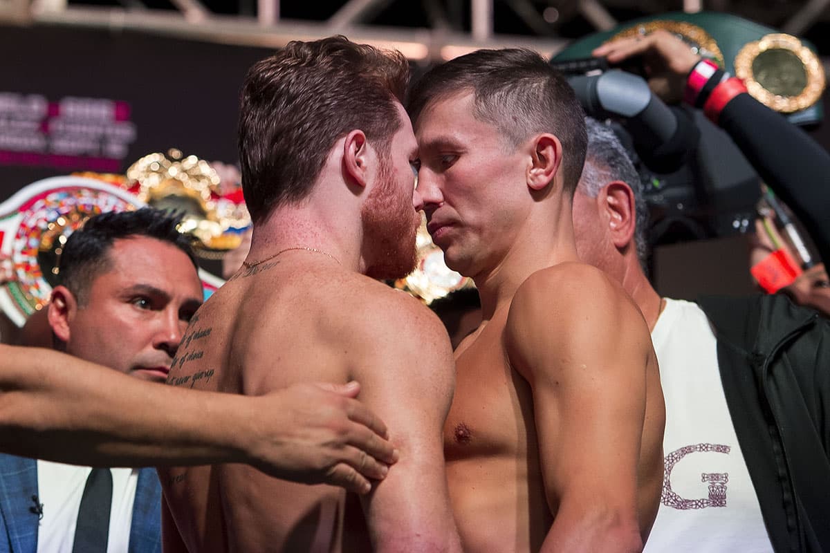Foto de accion durante el pesaje oficial previo a la pelea Saúl "Canelo" Álvarez vs Gennady Golovkin 2 realizado en el MGM Hotel Casino en Las Vegas, Nevada. Action photo during the official weigh-in prior to the fight Saul "Canelo" Álvarez vs. Gennady Golovkin 2 performed at the MGM Hotel Casino in Las Vegas, Nevada. EN LA FOTO: