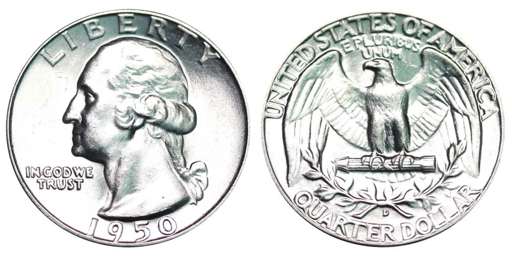 1950 Washington Quarter.
<br>Mint: Filadelfia.
<br>Valor monetario: $0,25.
<br>Precio estimado: $2,000 hasta $4,000.
<br>Se caracterizan por su pulitura y marca de prueba palpable en los relieves que formados entre el busto de Washington y el resto de la superficie de la moneda. 
<br>