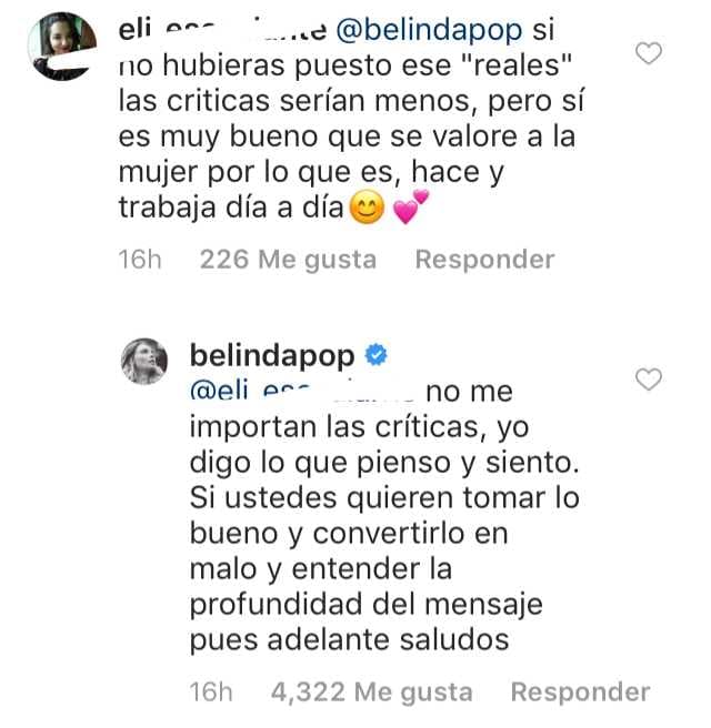Belinda no dejó de defender su punto de vista.