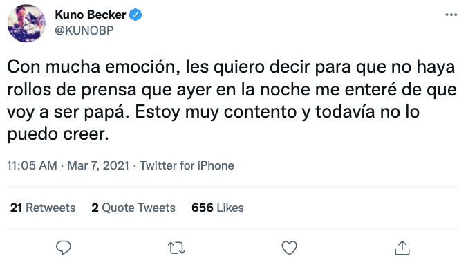El 7 de marzo de 2021 Kuno anunció mediante su Twitter que se convertiría en papá pero más tarde aclaró que no era así en la vida real, sólo en la ficción.