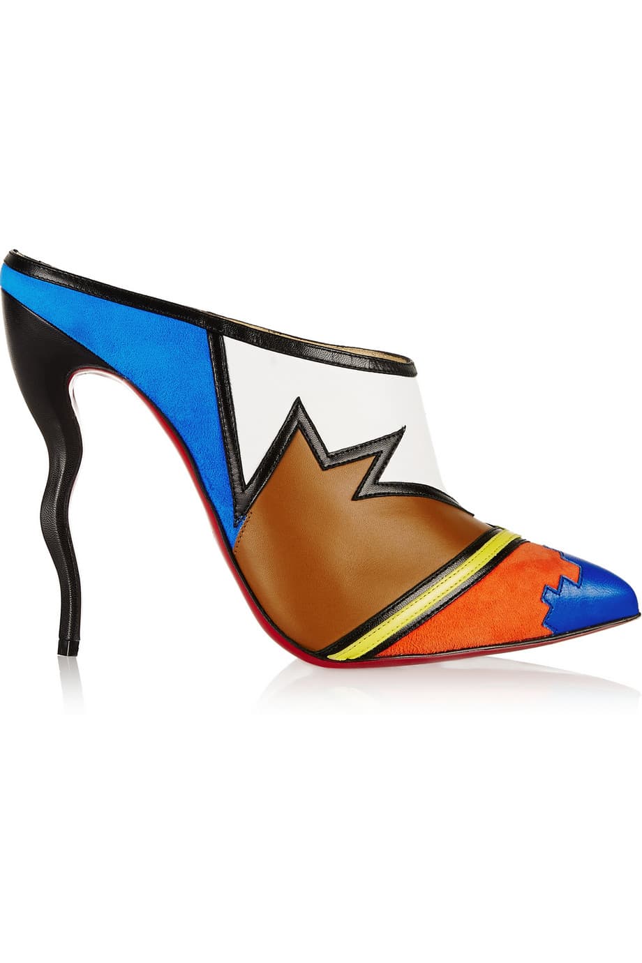 Confeccionados con piel y gamuza y colores divertidos, los zapatos “Vagachina” causarán sensación con los que los uses. El tacón con onda, el juego con el cuero que parece el uniforme de un super héroe y la legendaria suela roja son la cereza de este pastel. (
<b>Christian Louboutin)</b>
<br>