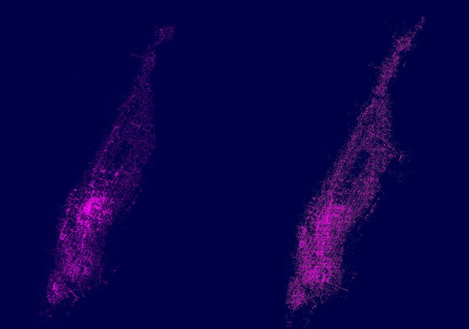 El mapa muestra la distribución de fotos de turistas (a la izquierda) y de neoyorquinos (a la derecha).