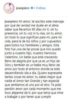 Jean Piero publicó este mensaje el pasado 29 de diciembre.