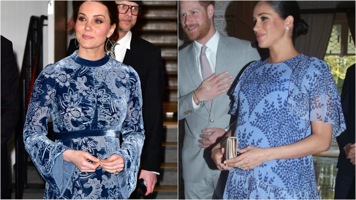 <b>Estampados intrincados:</b> Sin duda, unos de los looks más aplaudidos para ambas mujeres de la realeza fueron los vestidos con estampado sobre fondo azul. El de Kate Middleton de era un vestido de Erdem mucho más pesado en terciopelo con mangas largas y corte princesa que llevó con unos delicados aretes plateados, mientras que el de Meghan era un Carolina Herrera en tela de gasa con mangas asimétricas y tela fluída. En cualquier caso, ambas eligieron el cuello redondo para dar más longitud a las líneas.
