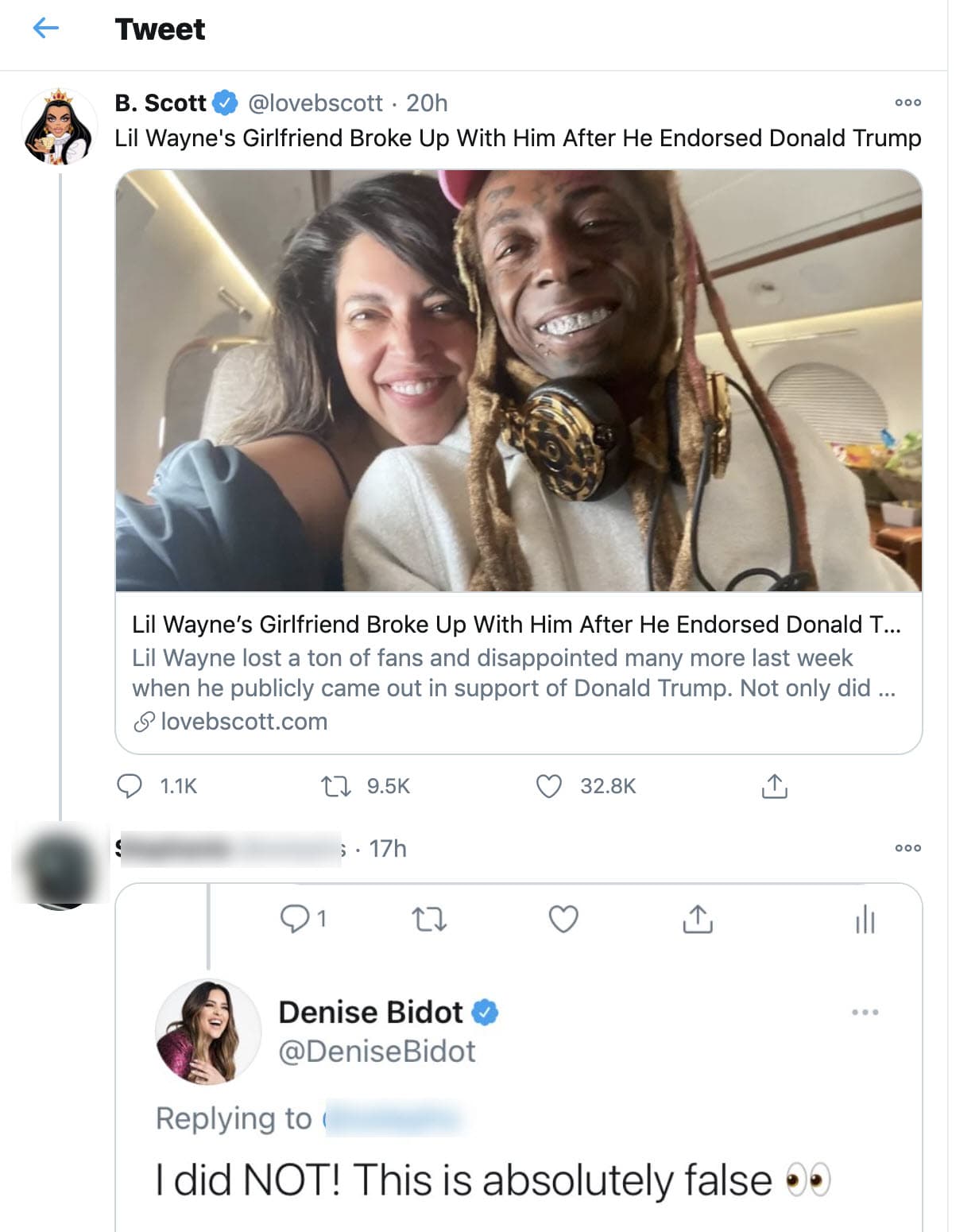 La seguidora respondió como "falsos" a por lo menos tres portales, TMZ, Love B. Scott y Just Jared, que reportaron la supuesta ruptura. Lo hizo con una captura en pantalla de una respuesta que aparentemente dio la propia Bidot en la que escribió: "¡No terminé (la relación)! 
<b><a href="https://twitter.com/sstephs/status/1323786589001060352" target="_blank">Esto es absolutamente falso</a></b>". 
<br>