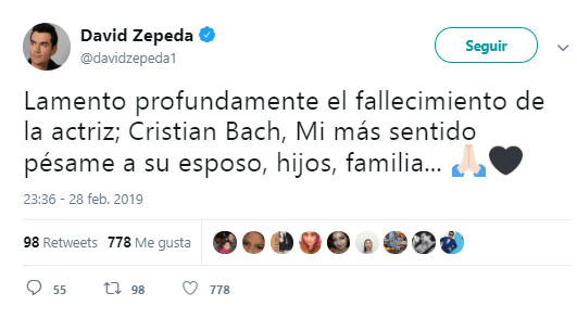 El protagonista de 'Por amar sin ley', 
<b><a href="https://www.univision.com/temas/david-zepeda" target="_blank">David Zepeda</a>,</b> dio su más sentido pésame a los familares de Bach.