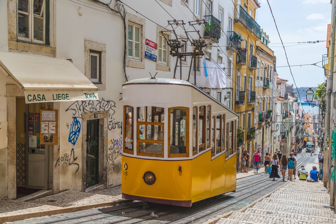 <b>Elevador da Bica (Lisboa, Portugal)</b>
<br>
<br>En esta ciudad hay muchos sitios impresionantes, entre ellos el famoso Elevador da Bica. Los que caminen o viajen en tranvía hasta la cima de esta pendiente tendrán vistas espectaculares de la estrecha calle, con el río Tajo de fondo.
<br>