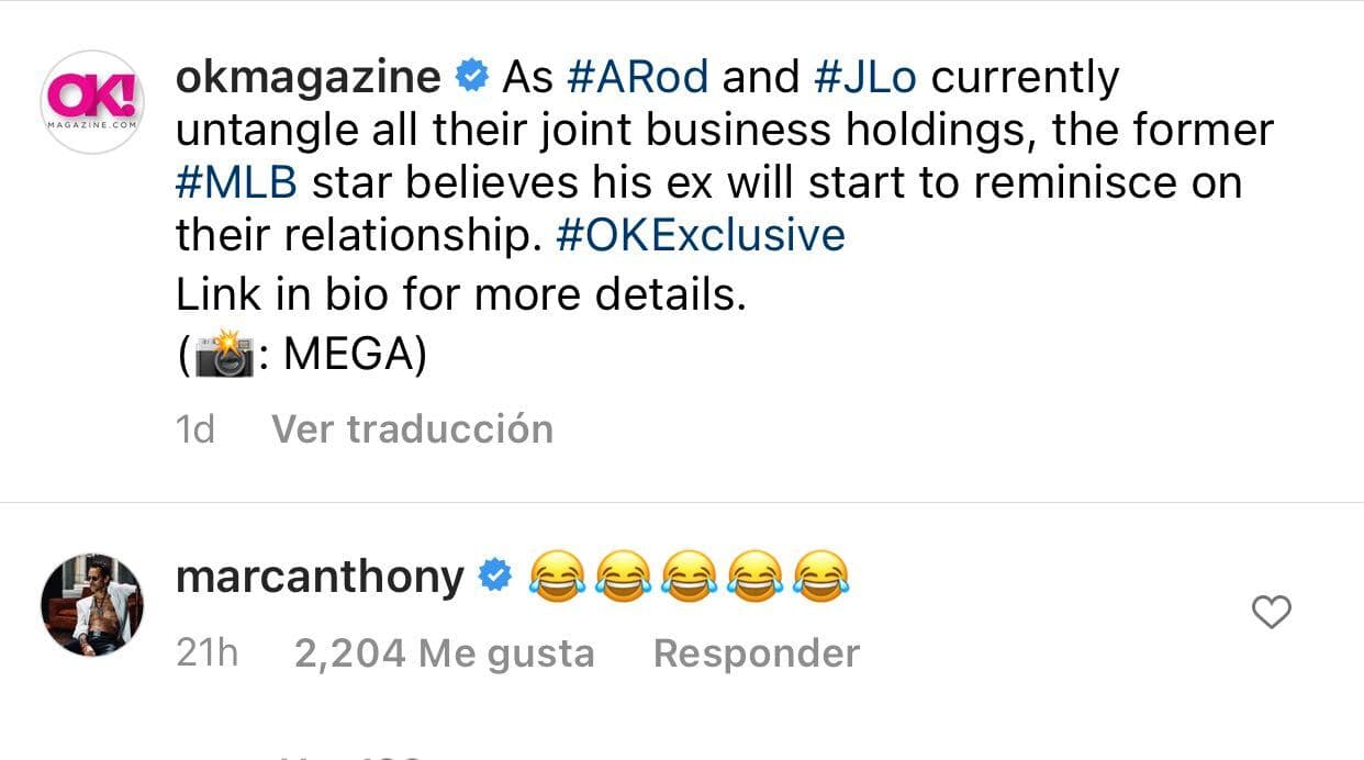 En la sección de comentarios, Marc Anthony dejó 5 emoticonos de 
<b>carita carcajeándose</b>, expresando así la reacción que le provocó saber esta noticia.