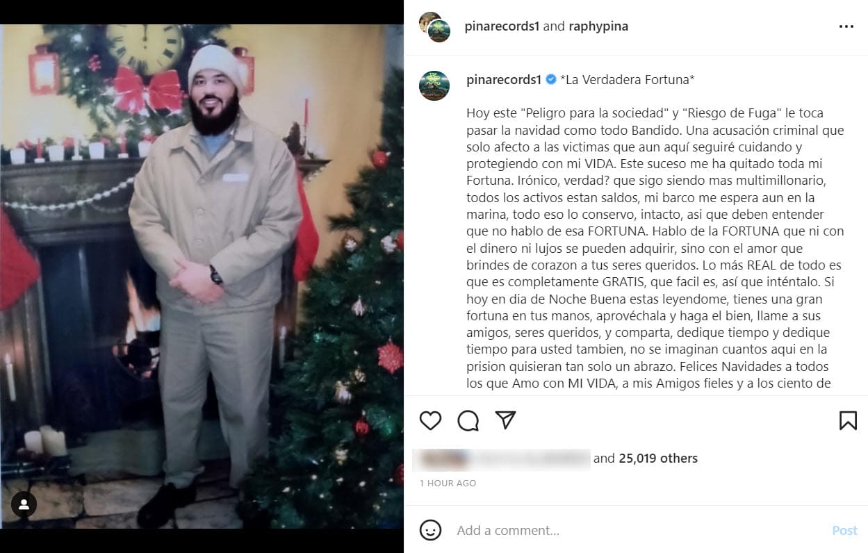Raphy Pina pasará su primera Navidad en la cárcel.