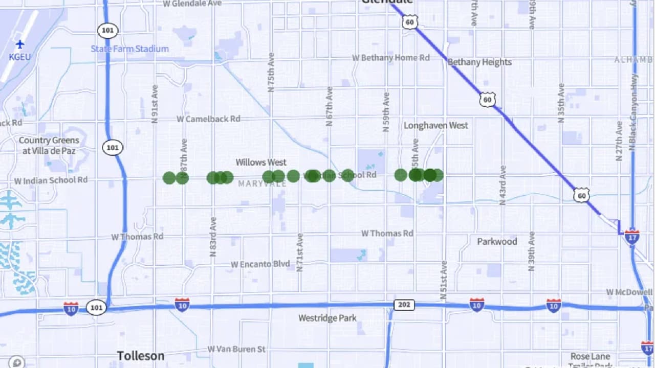 <b>Indian School Road </b>desde N 89th Avenue hasta N 51st Avenue, en Phoenix.
<br>Accidentes fatales: 20
<br>Accidentes por milla: 4.3.