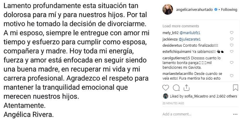 Con este mensaje publicado en Instagram, Rivera anunció el fin de su relación con el político mexicano.