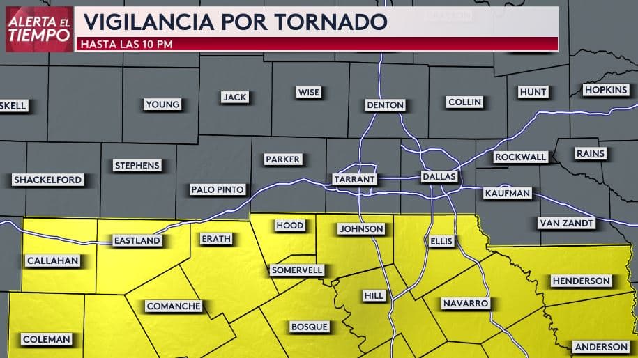Emiten 
<b>vigilancia por tornado hasta las 10 de la noche</b>, afecta el sur del Metroplex, no incluye Dallas – Fort Worth. Afecta a los condados: 
<b>Erath, Johnson, Ellis, Navarro, Hill, Eastland, Hood, Somervell, Henderson y Anderson</b>. Esto quiere decir que las condiciones son favorables para que se formen tornados..