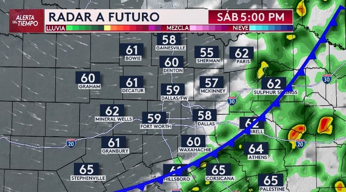 Para las 5:00pm, las tormentas habrían terminado de pasar por DFW y estarían ahora impactando el este.