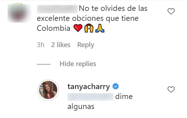 Así lo dejó ver cuando una seguidora le recordó no olvidarse de las iglesias que existen en Colombia y que podrían ser ideales para una boda. Ante la sugerencia, la periodista pidió a su seguidora que le dijera algunas opciones. 
<br>