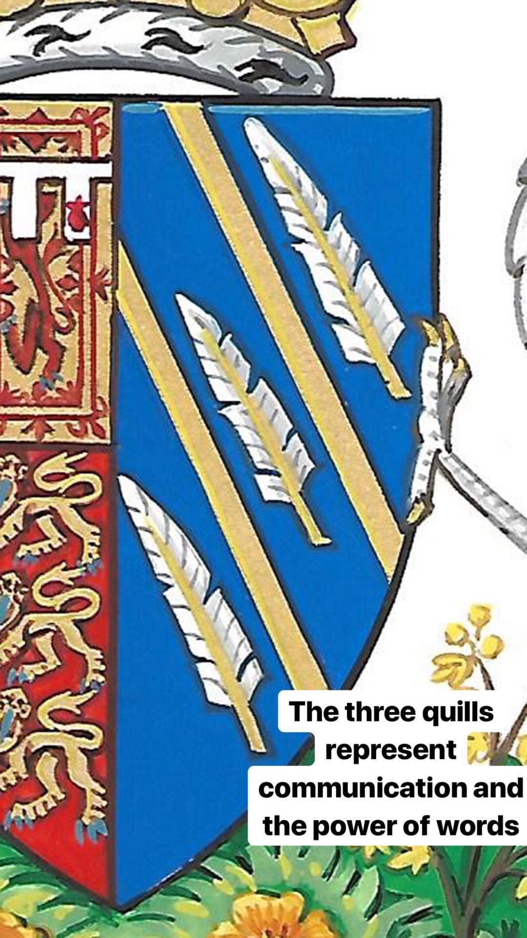 El escudo incluye además tres plumas que simbolizan la comunicación y el poder de las palabras. A la derecha muestra un ave blanca que se relaciona con la duquesa: un ave que canta con las alas elevadas y el pico entreabierto, cuyas plumas representan también la comunicación.
<br>