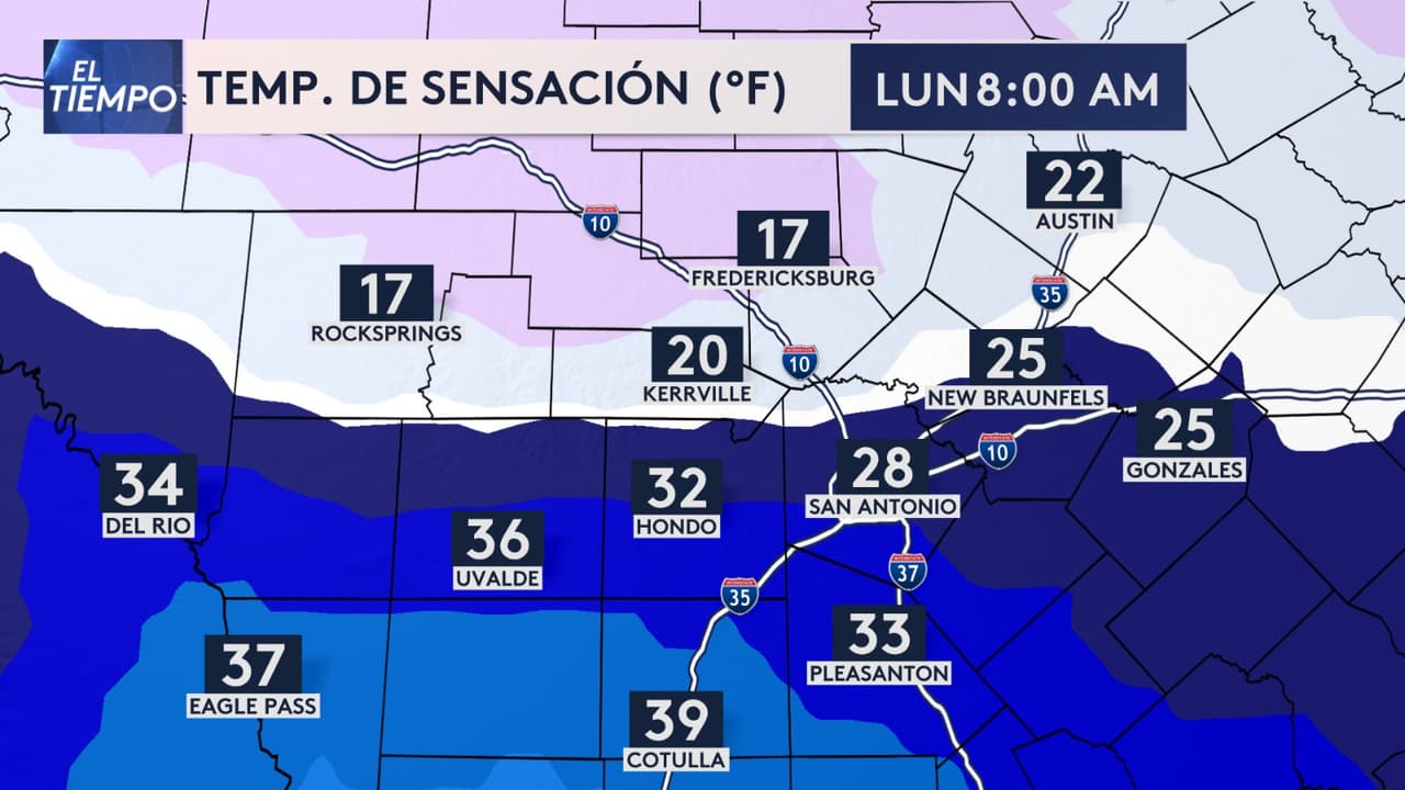 <b>Lunes por la mañana podría ser lo más frío </b>
<br>
<br>El 
<b>lunes arrancará con temperaturas en los 30°F en San Antonio - Austin, </b>y la sensación térmica se sentirá como si estuviera en los 20°F durante algunas horas. ¡Así que asegúrate de abrigar a los niños antes de que salgan al autobús escolar!