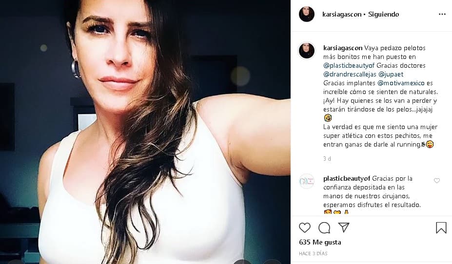 En Instagram, el pasado lunes 28 de enero publicó 
<b><a href="https://www.instagram.com/p/B71EyZYA4i3/" target="_blank">esta imagen</a></b> en la que presumió sus implantes: "Es increíble cómo se sienten de naturales […] La verdad es que me siento una mujer súper atlética con estos pechitos, me entran ganas de darle al 'running'".
<br>