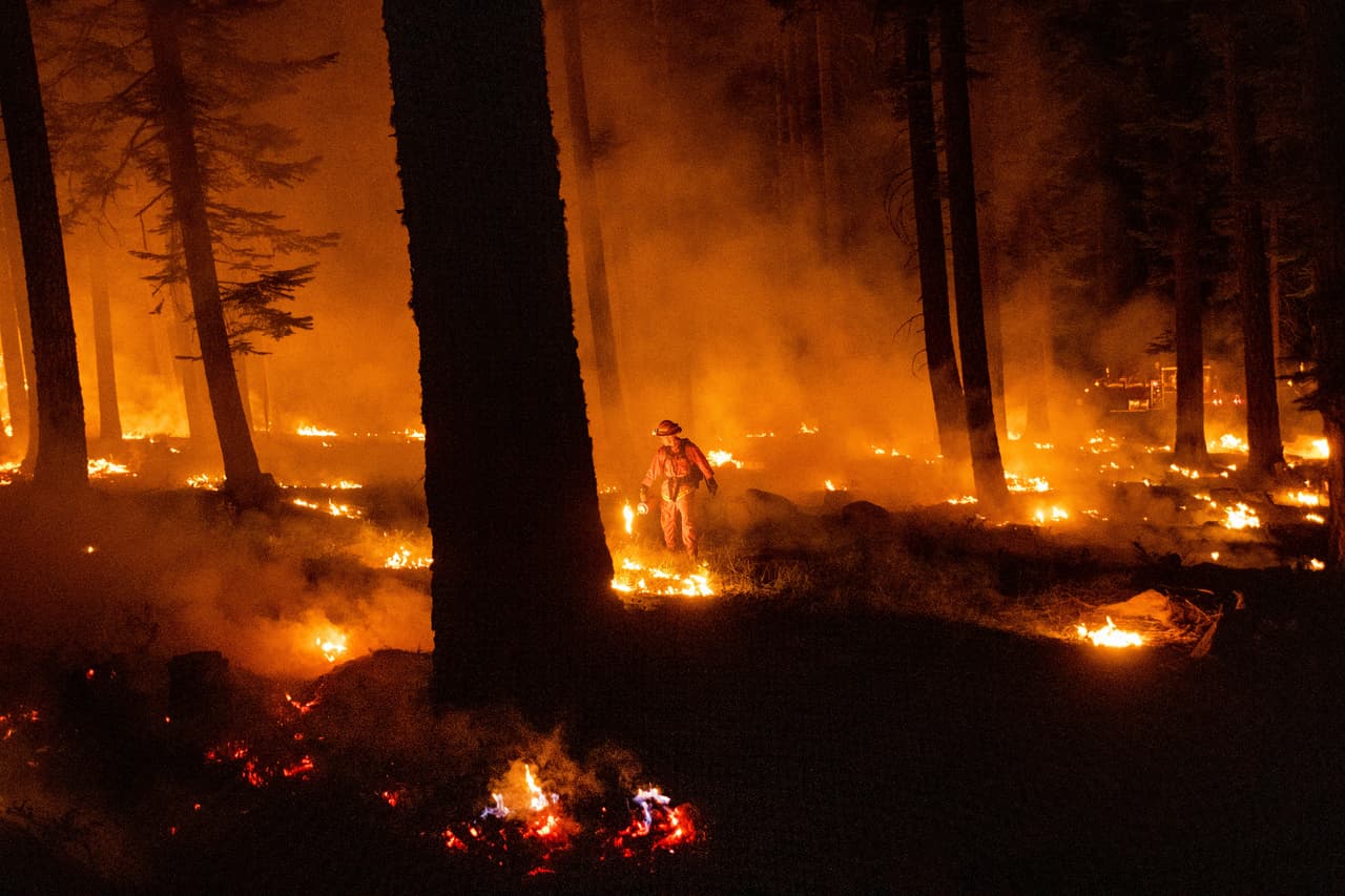 El 
<a href="https://www.univision.com/noticias/estados-unidos/incendio-mas-grande-california-dixie-fire-familias-evacuadas">incendio Dixie, en California</a>, ha alcanzado casi 383 millas cuadradas (992 kilómetros cuadrados) en montañas donde 42 casas y otros edificios han sido destruidos. En la imagen, un bombero trabaja en el Lassen National Forest.