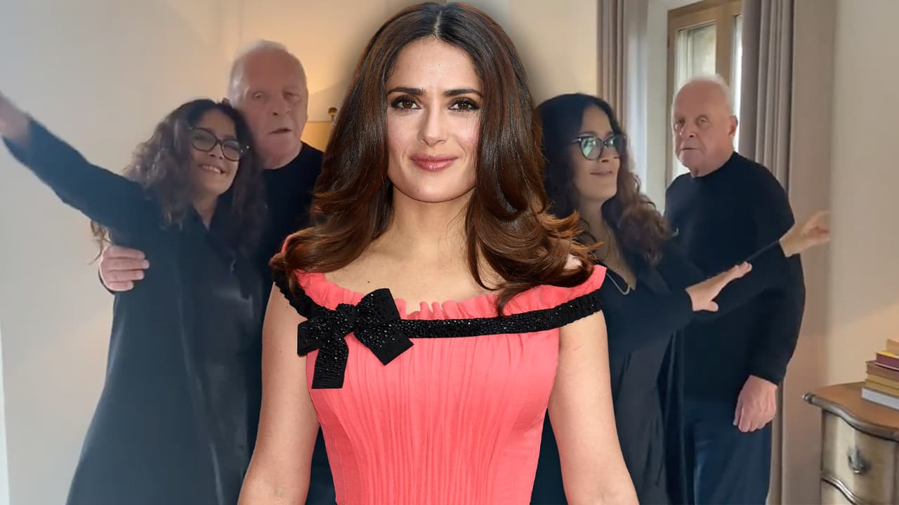 Con un baile y abrazos, Salma Hayek celebra el Oscar de Anthony Hopkins junto a él