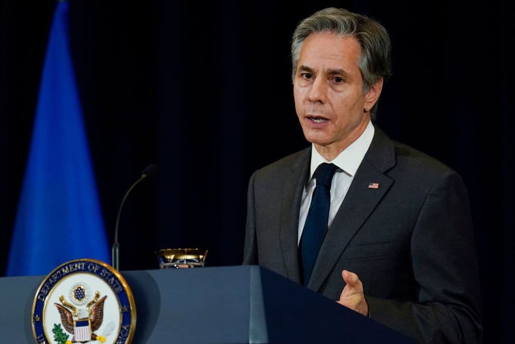 El secretario de Estado Antony Blinken durante una conferencia de prensa el pasado martes con su par ucraniano Dmitro Kuleba.