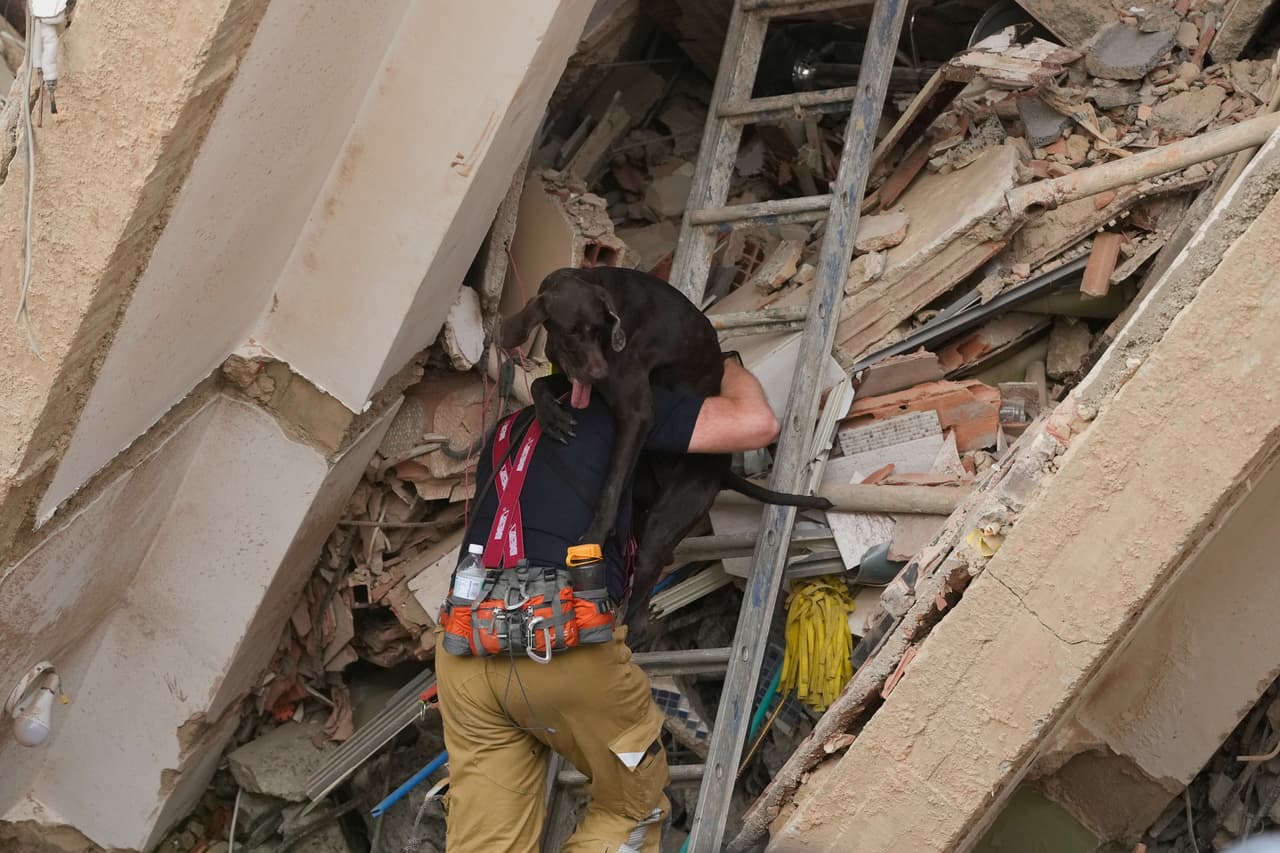 Un rescatista de la República Checa sube a un perro de búsqueda a un edificio destruido por los terremotos en Catia La Mar, Venezuela, el domingo 28 de junio de 2026.