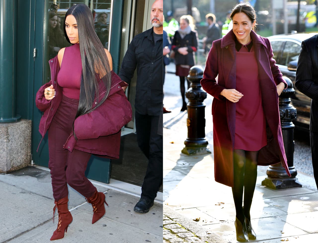 Cada que llega la temporada de frío, el color vino se vuelve tendencia. Kim Kardashian lo usó en febrero, llevó un estilo monocromático de pies a cabeza: botas, pantalones, blusa e incluso chamarra. Meghan estuvo a punto de ir por el mismo camino en noviembre de 2018, solo que ella complementó su vestido y abrigo color uva con medias y tacones negros.