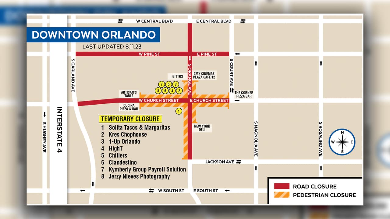 La calles cerradas a los peatones están marcadas en color naranja.