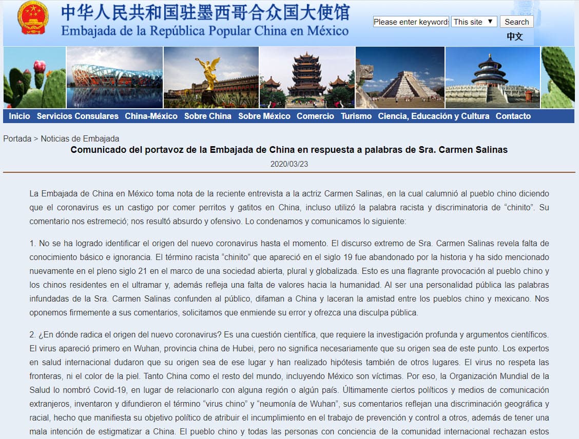 Tras circular la entrevista en distintos medios de comunicación, el 23 de marzo 
<b>la <a href="http://mx.china-embassy.org/esp/sgjs/t1760112.htm" target="_blank">Embajada de China en México</a> pidió una disculpa de parte de la actriz </b>porque catalogaron sus comentarios de 
<b>racistas y discriminatorios</b>.
<br>
