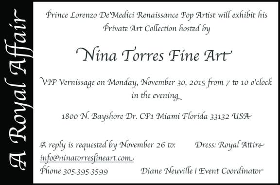 Invitación a exposición del Príncipe Lorenzo de Medici en la galería Nina Torres